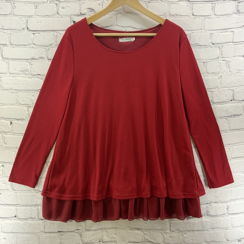 CL Shang Blouse Womens Sz XL Red Bows Long Sleeve Vintage Layered‎